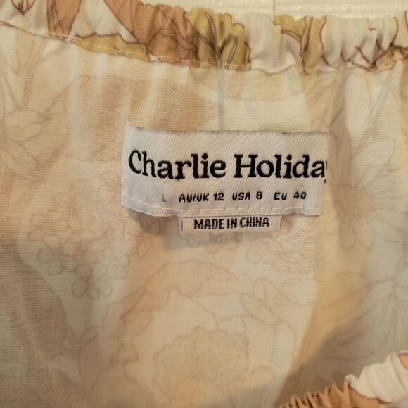 Charlie Holiday Neutral Floral Puff Sleeve Tie Blouse Size 8 Boho Vacation - Picture 6 of 7